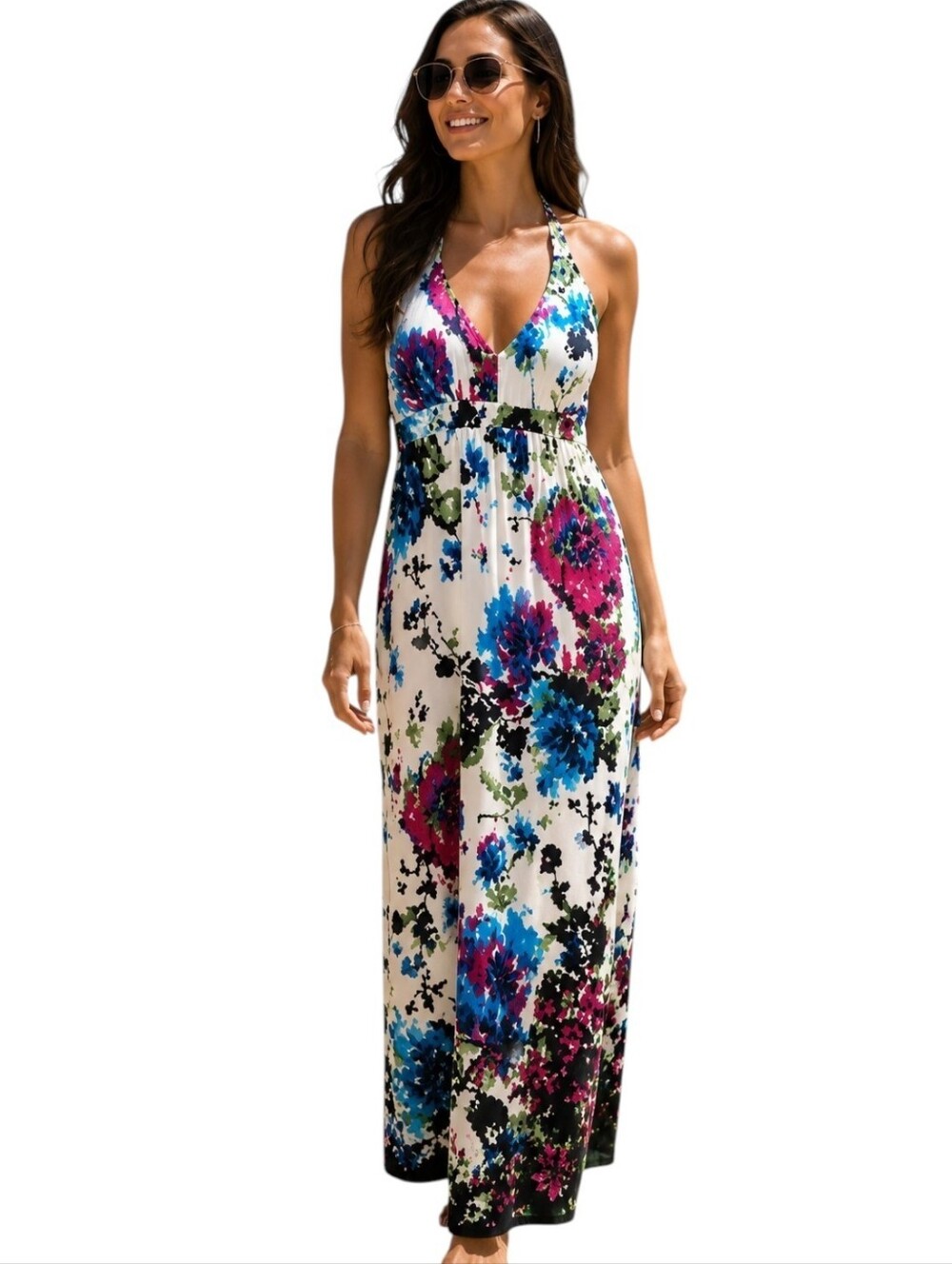Dress Barn Sz 8 Floral Halter Maxi Dress Lightweight Tropical Beach Coastal Boho
